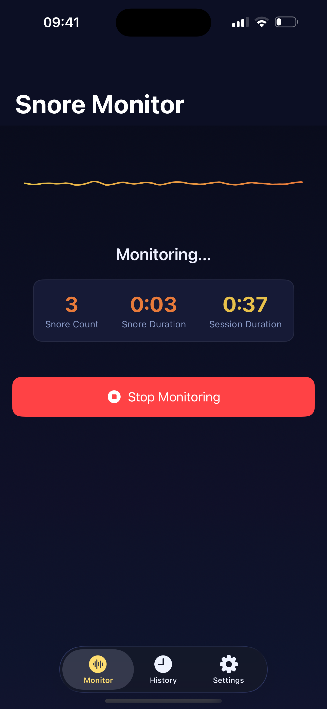 NightSnore monitoring screen